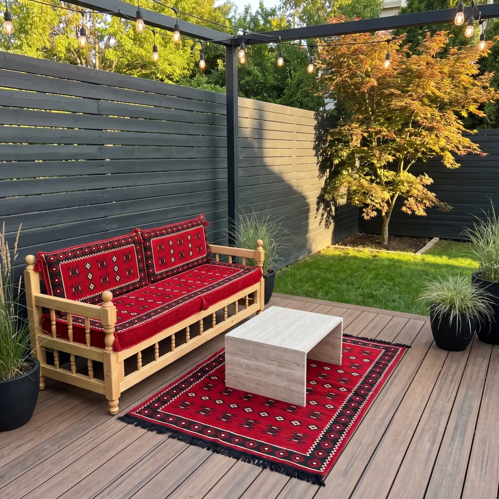 Single wooden bench with a red kilim seat and two back cushions on a sunny deck, with a rug and travertine table