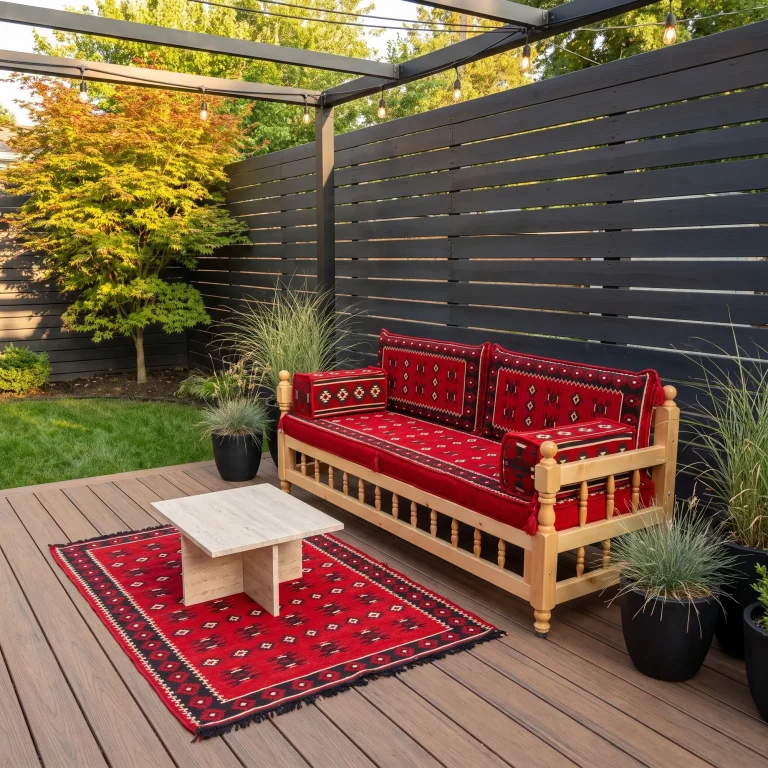 Red kilim outdoor bench with armrest cushions seen from the right on a garden deck, with a rug and stone table