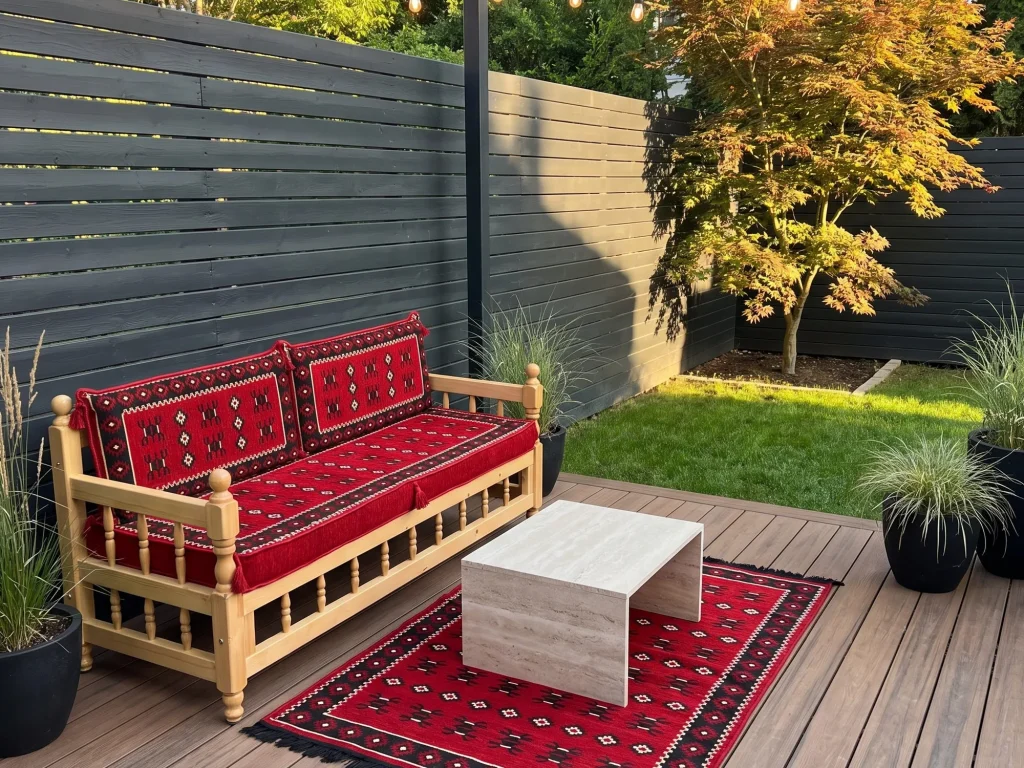 Outdoor wooden bench with a red kilim seat and two back cushions on a modern deck, beside a travertine table and red rug