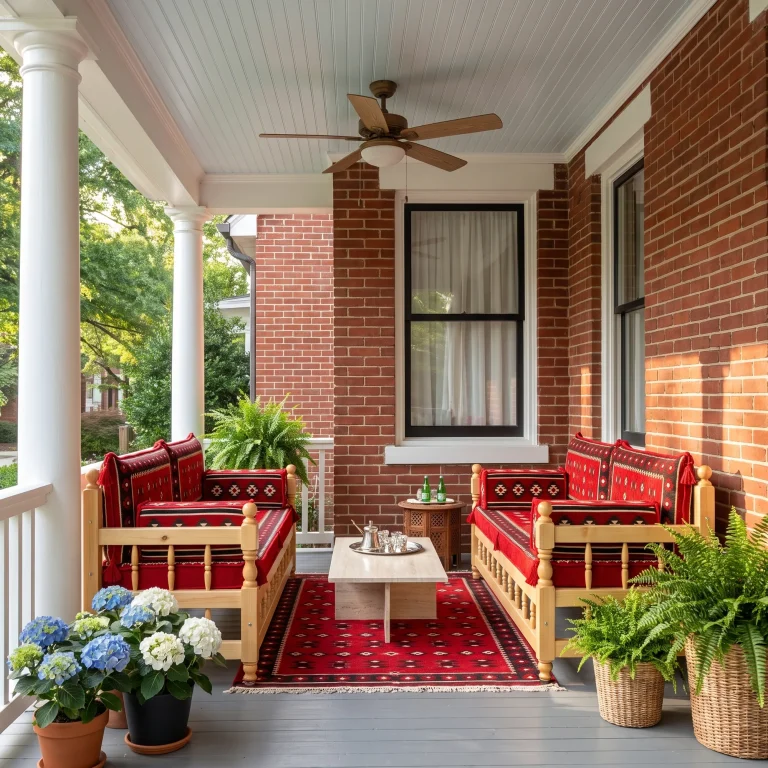 Two red kilim benches facing each other on a brick house porch, with a rug, low table, ferns and hydrangeas