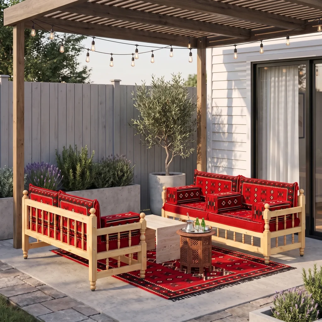 Two red kilim benches on a stone patio under a timber pergola, with tea on a carved side table and a potted olive tree