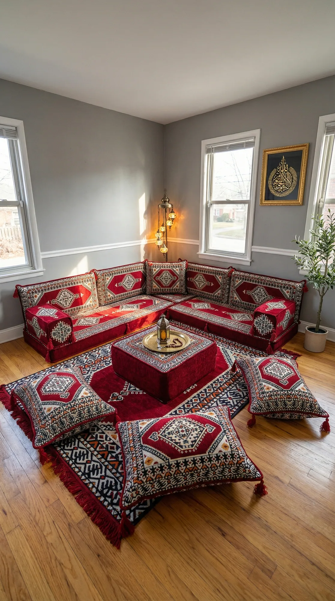 Red kilim-pattern floor sofa set in an L shape with ottoman, three floor cushions and a mosaic floor lamp