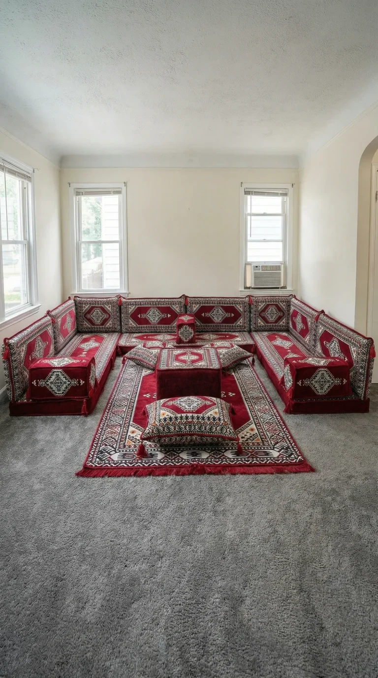 Red kilim-pattern Arabic floor sofa in a U shape with ottoman and matching rug on grey carpet under windows