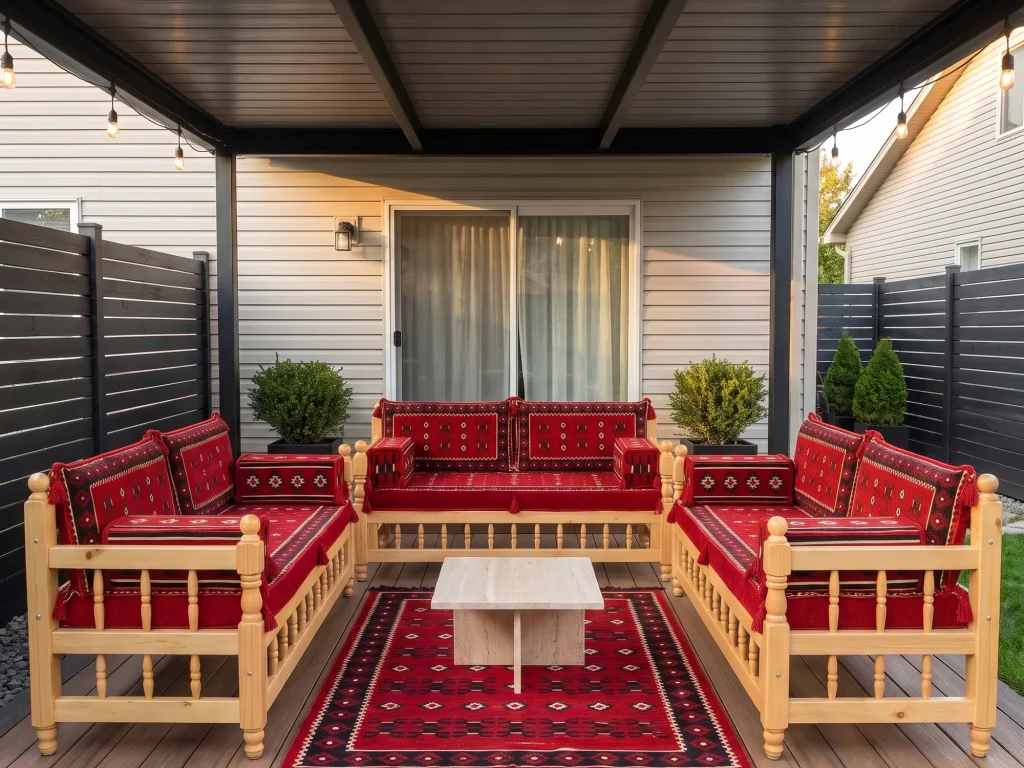 Three wooden benches with red kilim cushions arranged in a U around a stone table on a covered back patio