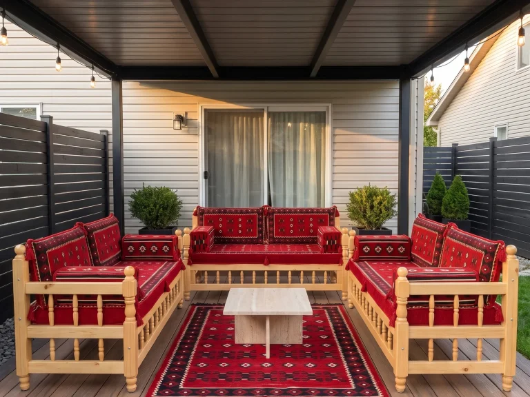 Three wooden benches with red kilim cushions arranged in a U around a stone table on a covered back patio