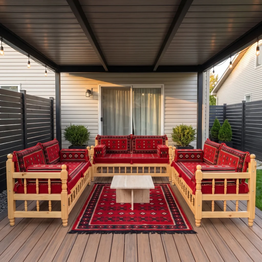 Three wooden benches with red kilim cushions set in a U shape on a covered patio, around a rug and stone table