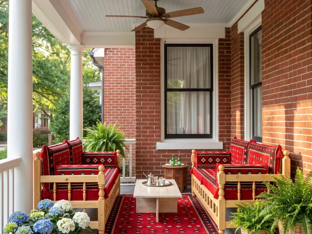 Two wooden benches with red kilim cushions facing each other on a brick front porch with ferns and hydrangeas