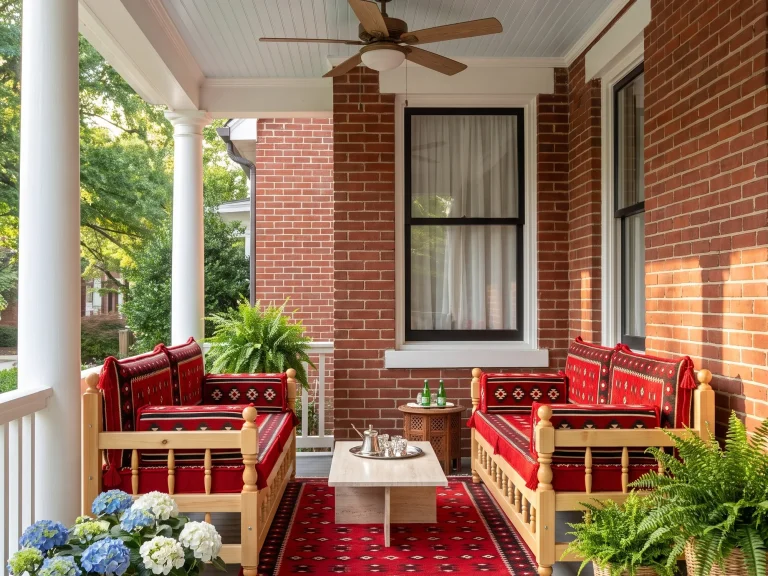 Two wooden benches with red kilim cushions facing each other on a brick front porch with ferns and hydrangeas
