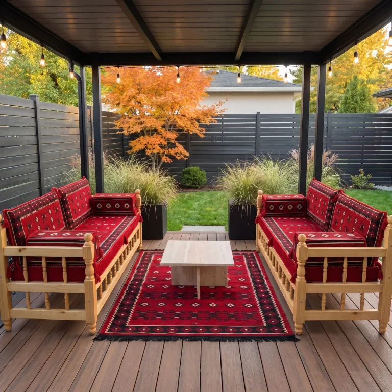 Two facing wooden benches with red kilim cushions under a pergola, a matching rug and stone table between them