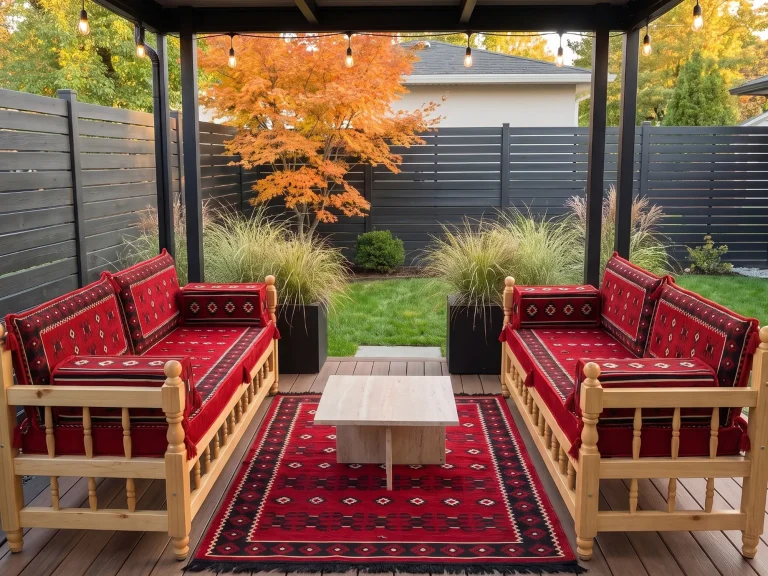 Two wooden benches with red kilim cushions facing each other across a stone table and red rug under a pergola