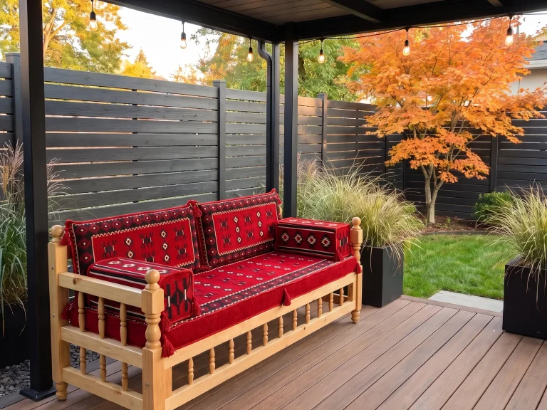 Turned-wood outdoor bench with red and black kilim cushions on a bare covered deck beside a maple tree