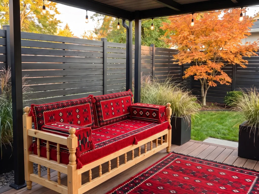Wooden bench with red kilim seat, back cushions and armrest bolsters on a deck with a matching red kilim rug