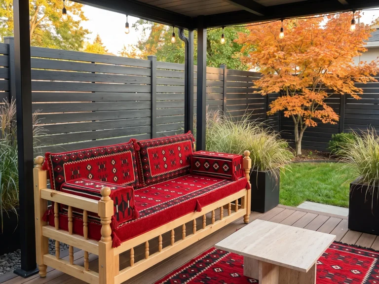Red kilim cushions on a turned-wood bench under a covered deck, with a travertine table and matching red rug