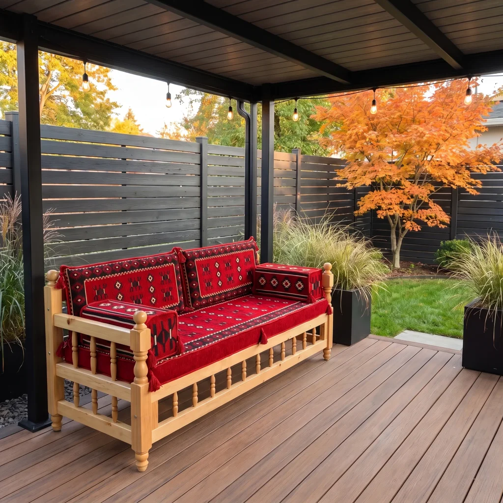 Wooden outdoor bench with red kilim seat, back and arm cushions on a bare deck beside ornamental grasses