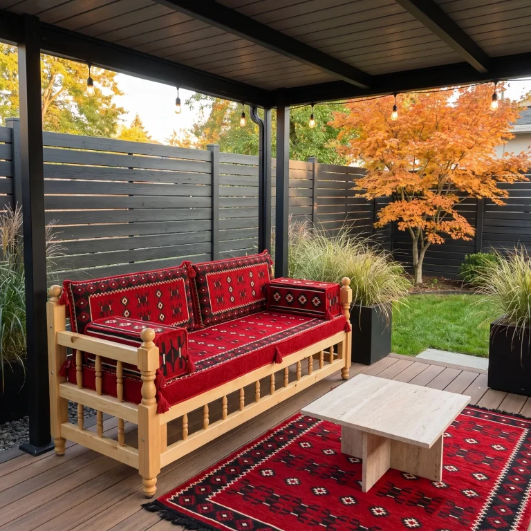 Red kilim cushions on a turned-wood bench under a dark pergola, with matching rug, stone table and autumn maple