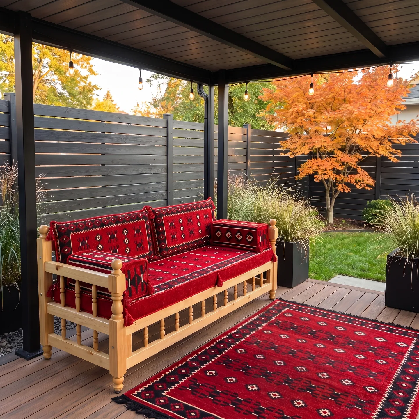 Wooden-framed outdoor bench with red kilim cushions and a matching red rug on a covered deck