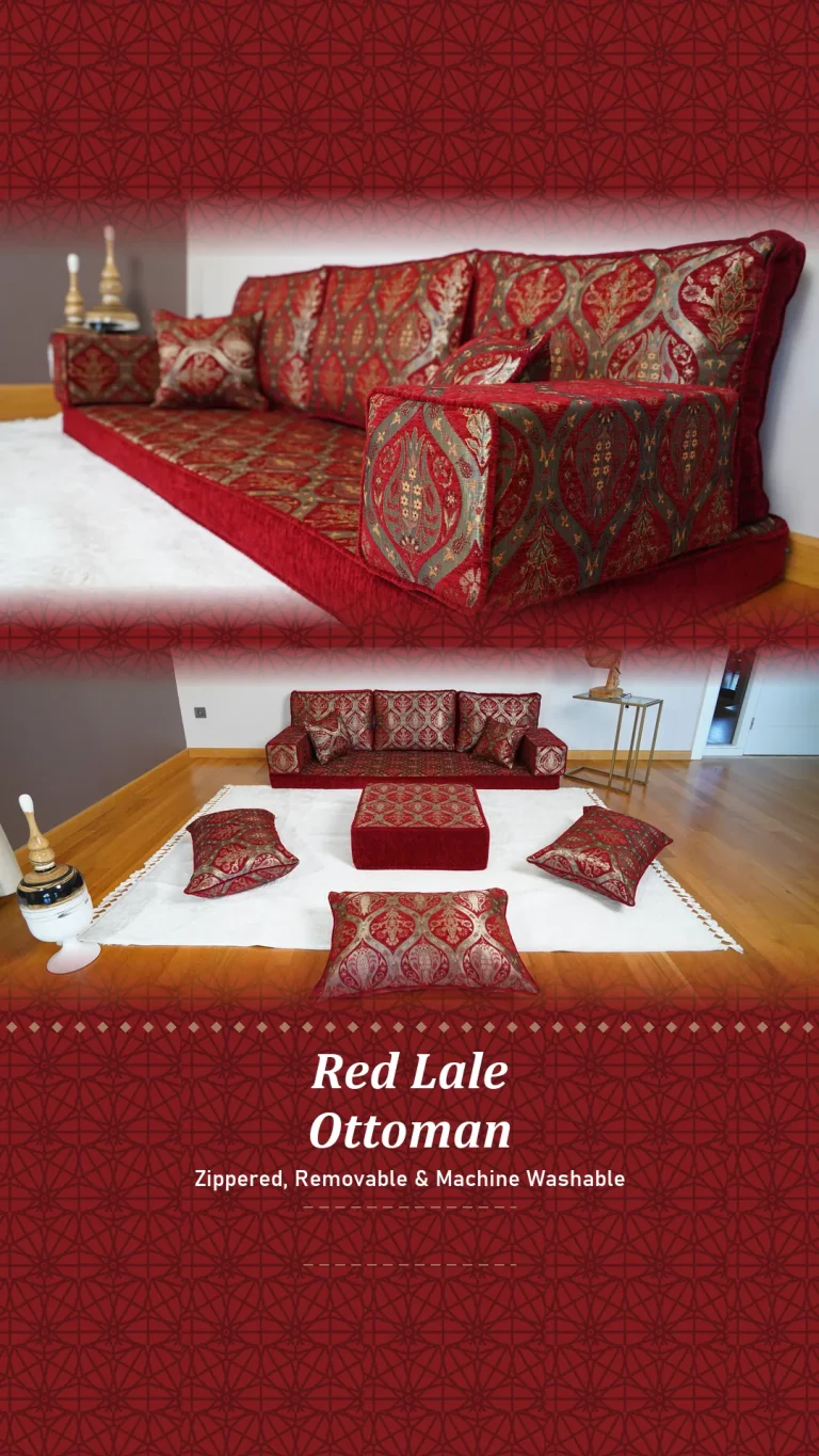 Red and gold tulip-pattern Arabic floor sofa: armrest close-up on top, complete single-row set on a white rug below