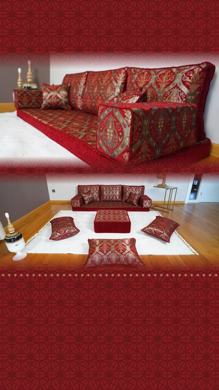 Red Arabic floor sofa in gold Ottoman tulip-medallion fabric, with an armrest close-up above and the full set below