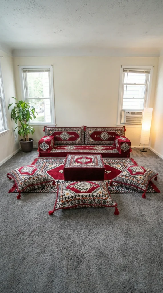 Red medallion Arabic floor sofa between two windows with an ottoman and three tasselled floor cushions