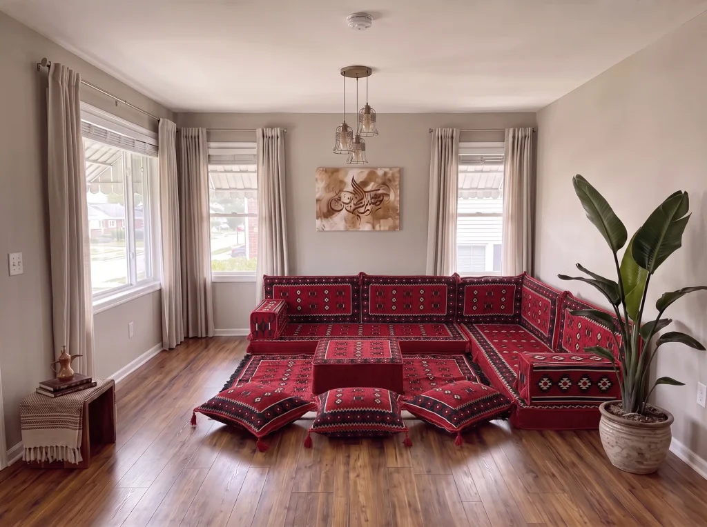Red sadu-weave Arabic floor couch in an L shape in a grey living room with calligraphy art, rug, ottoman and floor cushions