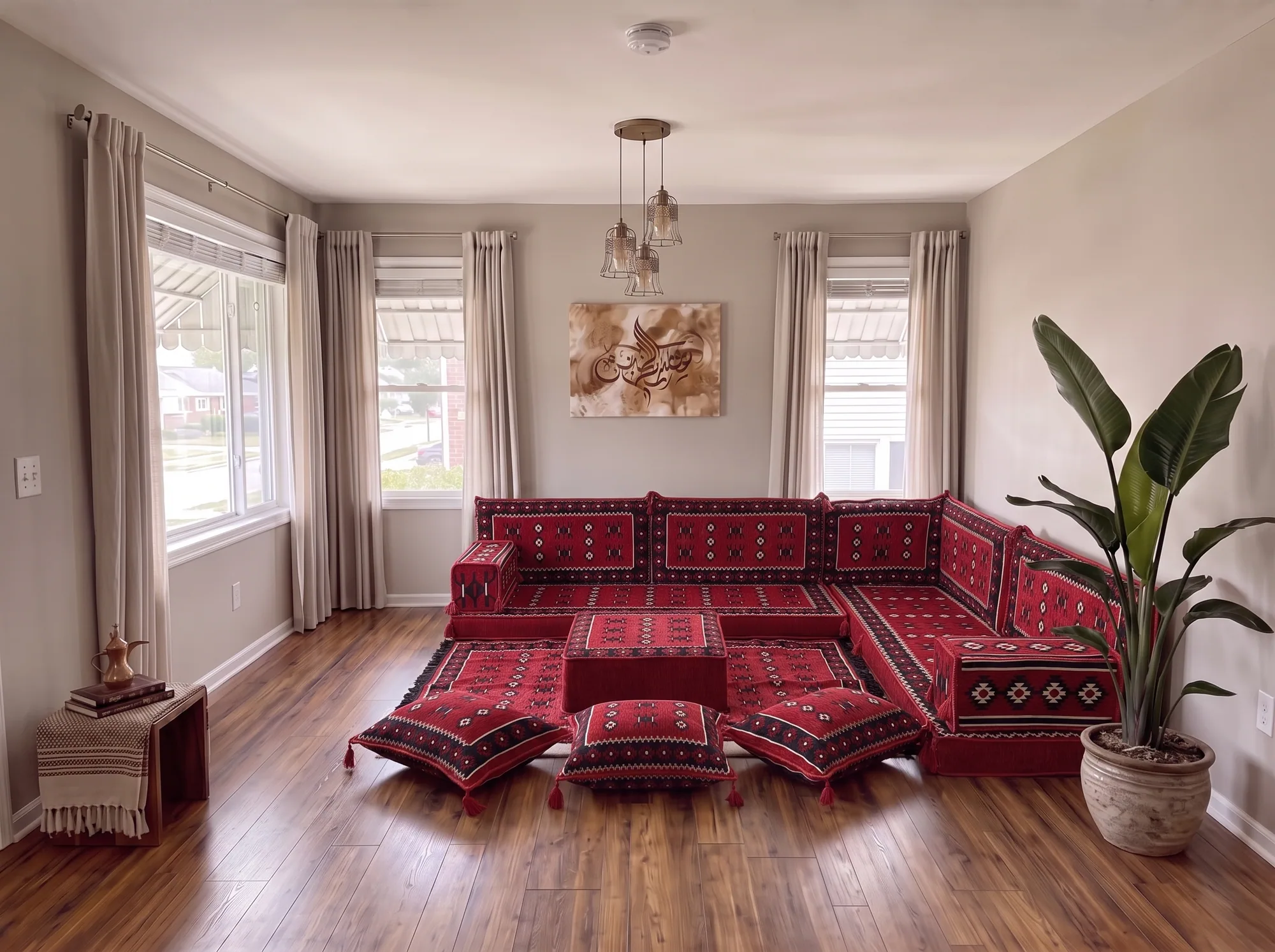 Red sadu-weave Arabic floor couch in an L shape in a grey living room with calligraphy art, rug, ottoman and floor cushions