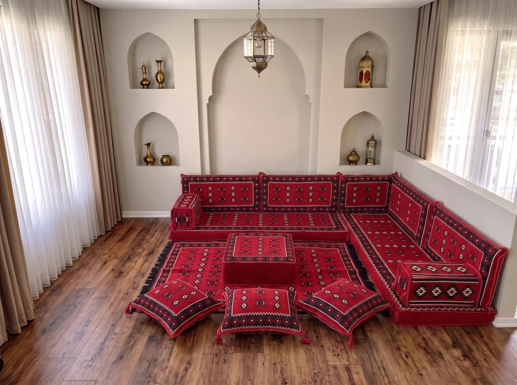 Red floor sofa set with black and white sadu weave in an L shape, with matching rug, ottoman and three floor cushions