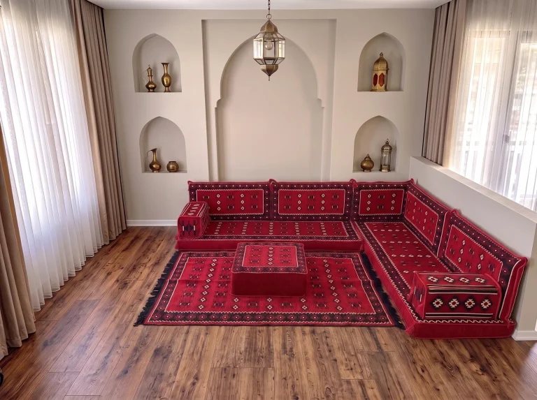 Red and black sadu-weave floor sofa set in an L shape with a matching rug and square ottoman below arched niches