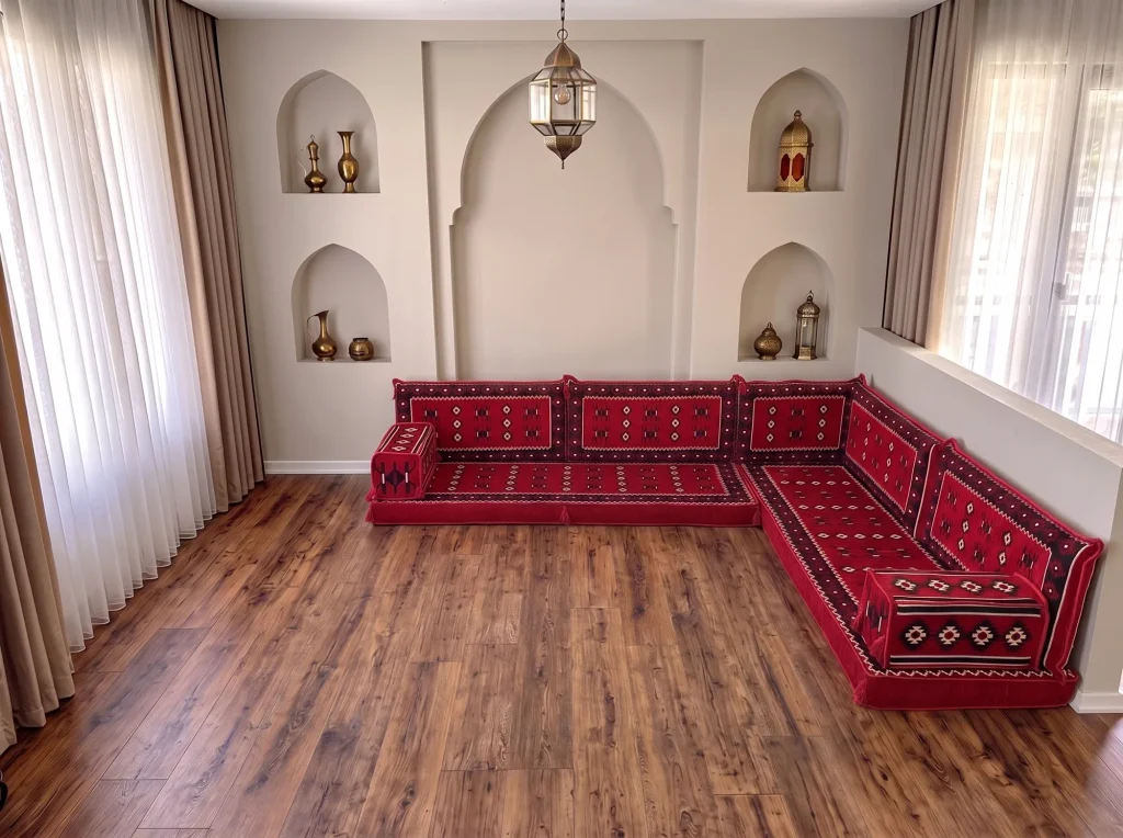 Red Arabic floor sofa with black and white sadu motifs in an L-shaped corner layout on a bare wooden floor