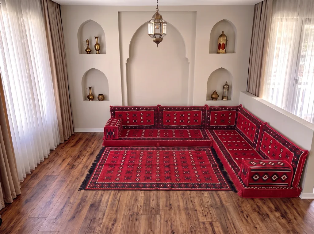 Red sadu-pattern Arabic floor couch in an L shape with a matching red fringed rug in a room with arched niches