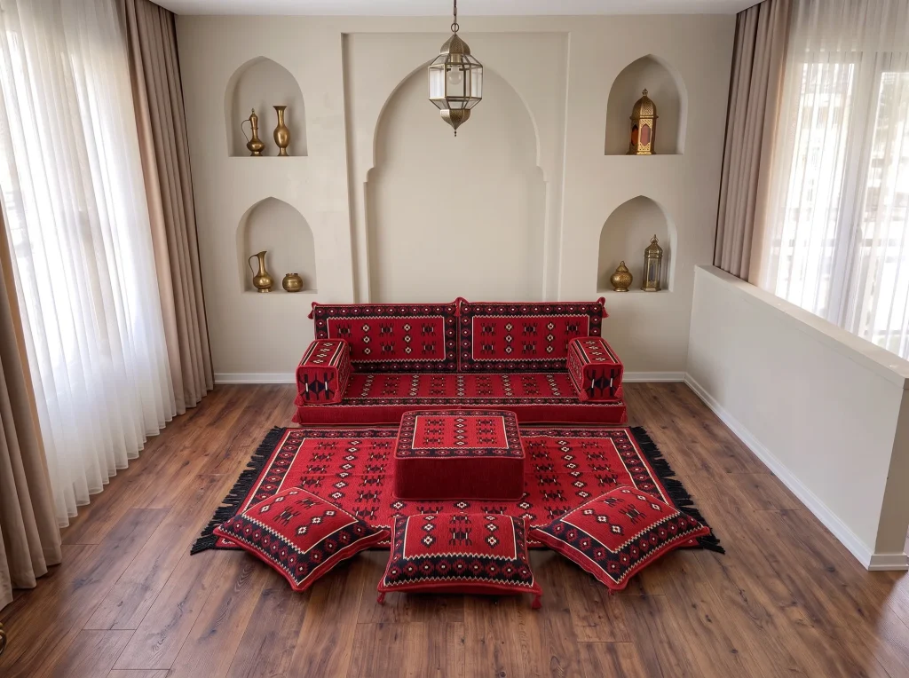 Single-row red Arabic floor sofa in sadu weave with matching rug, ottoman and three tasselled floor cushions