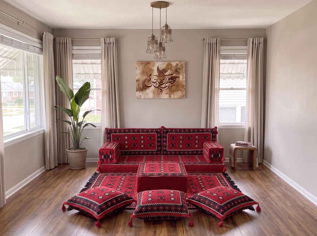 Closer view of a red sadu-pattern floor sofa set with ottoman, fringed rug and three tasselled floor cushions
