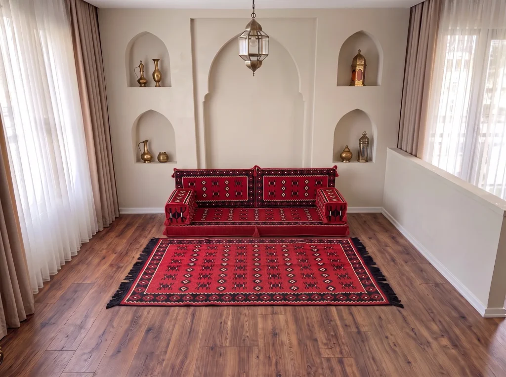 Red sadu-pattern Arabic floor couch in a single row with a matching black-fringed rug in front