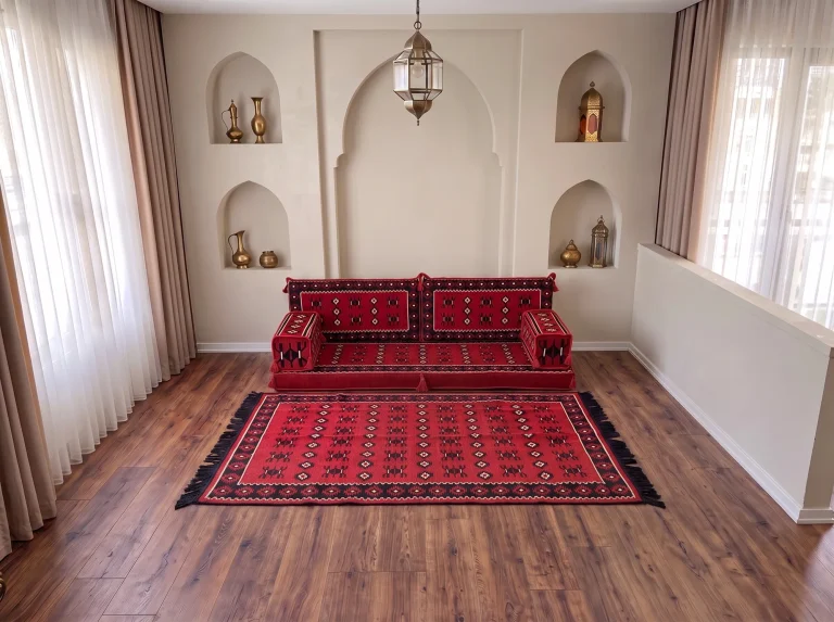 Red sadu-pattern Arabic floor couch in a single row with a matching black-fringed rug in front