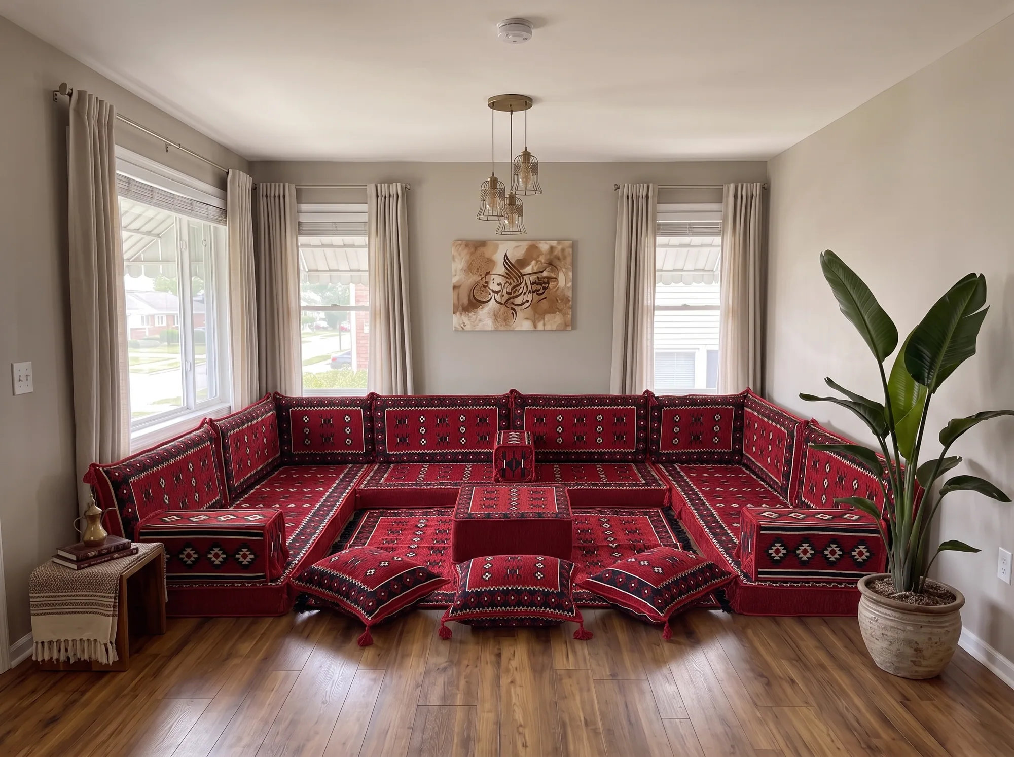 Red Arabic floor sofa in sadu weave filling a grey living room in a U shape, with ottoman, rug and three floor cushions