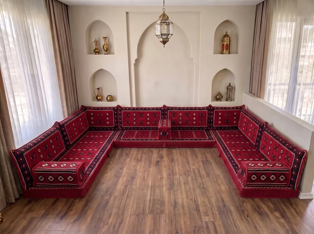 Red floor seating set with sadu-pattern cushions in a U shape on a bare wooden floor in an arched-niche room