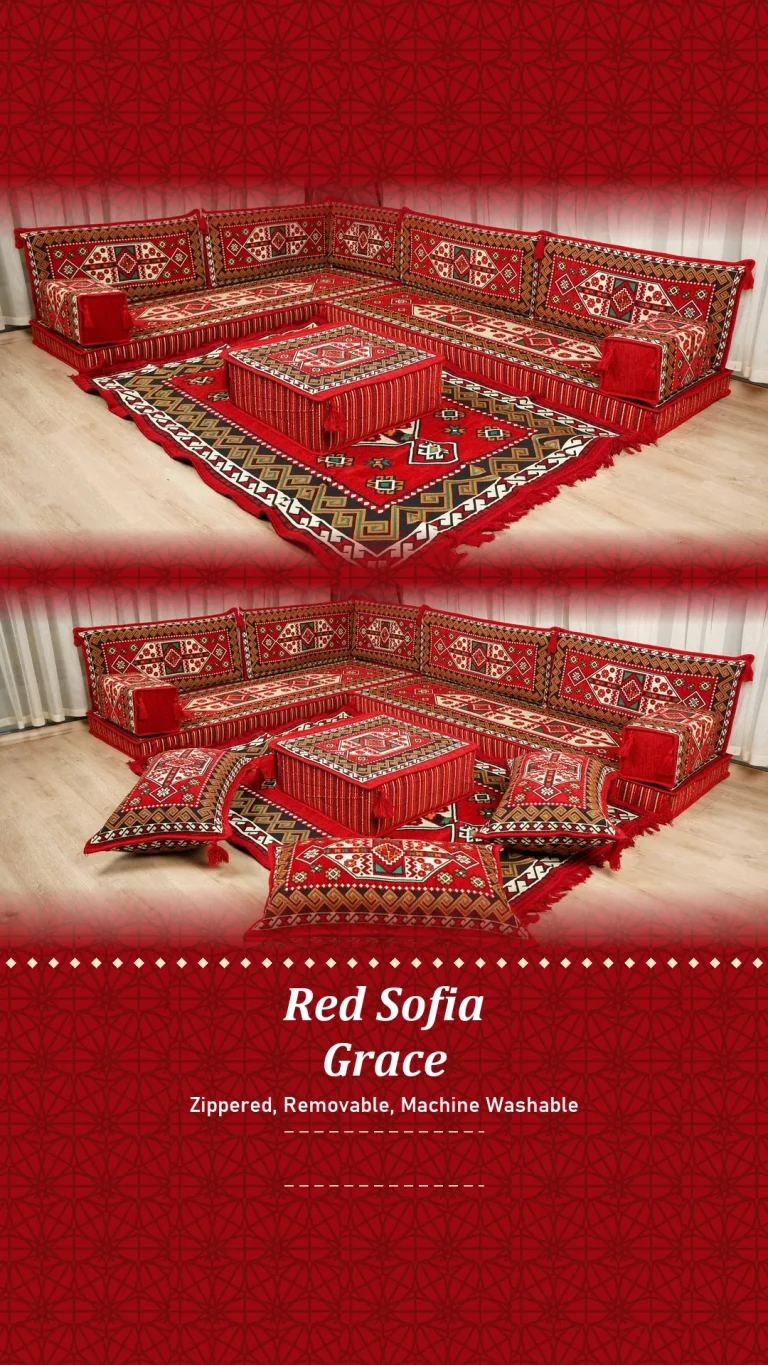 Red and cream kilim floor sofa set filling a corner, shown with a patterned rug and three floor cushions