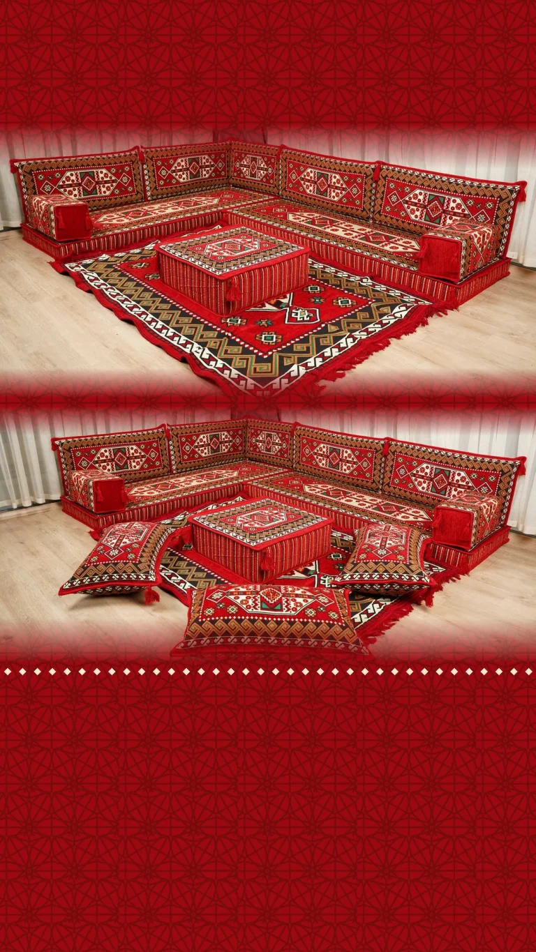 Bright red Arabic floor sofa in an L shape with cream and olive kilim cushions, pouf table and a matching kilim rug