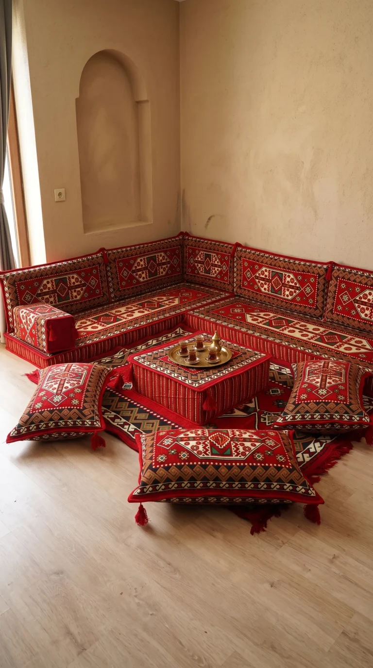 Red kilim-pattern floor seating set along two plaster walls with a brass tea tray on a striped ottoman