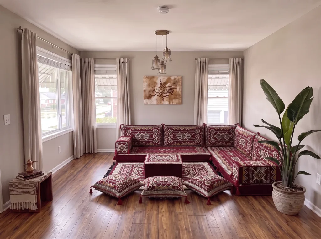 Burgundy and cream kilim L-shaped floor sofa with rug, ottoman and floor cushions in a grey living room