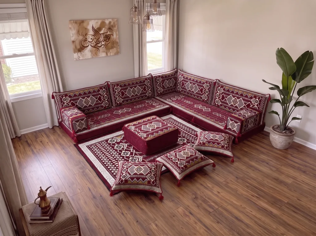 Burgundy and cream kilim L-shaped floor seating set with rug, ottoman and floor cushions, high corner view