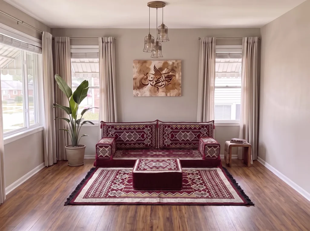 Burgundy and cream kilim single-row floor sofa set with matching rug and ottoman in a grey living room