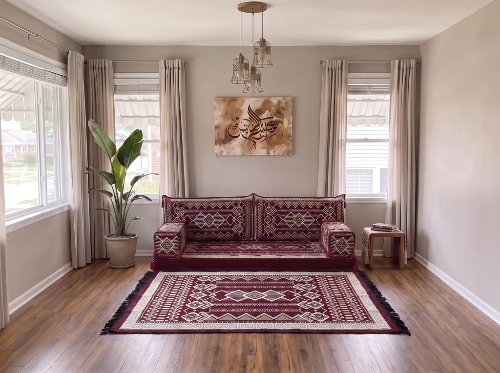 Burgundy and cream kilim single-row Arabic floor sofa with a matching fringed rug in a grey living room