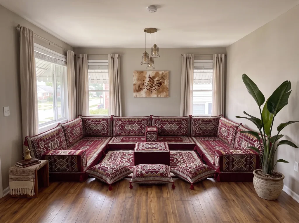 Burgundy and cream kilim U-shaped floor seating set with rug, ottoman and floor cushions in a grey living room