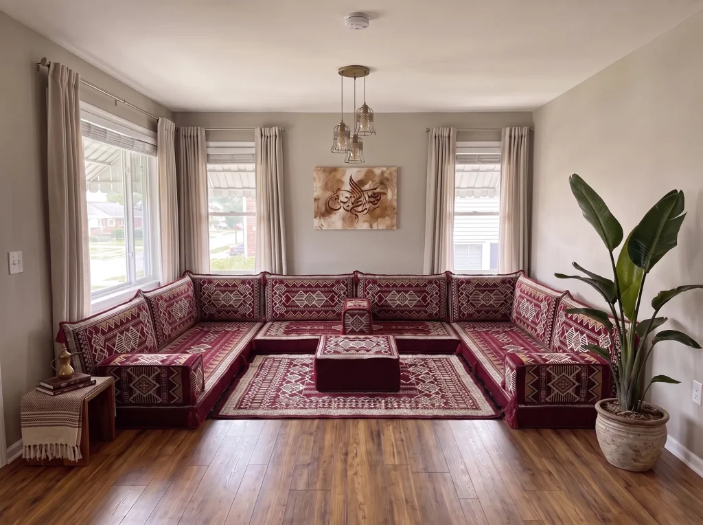 Burgundy and cream kilim U-shaped Arabic floor sofa with matching rug and ottoman in a grey living room