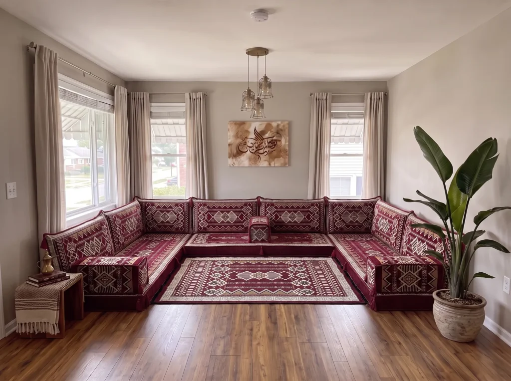 A U-shaped floor sofa with its rug centred in the open floor between the three rows