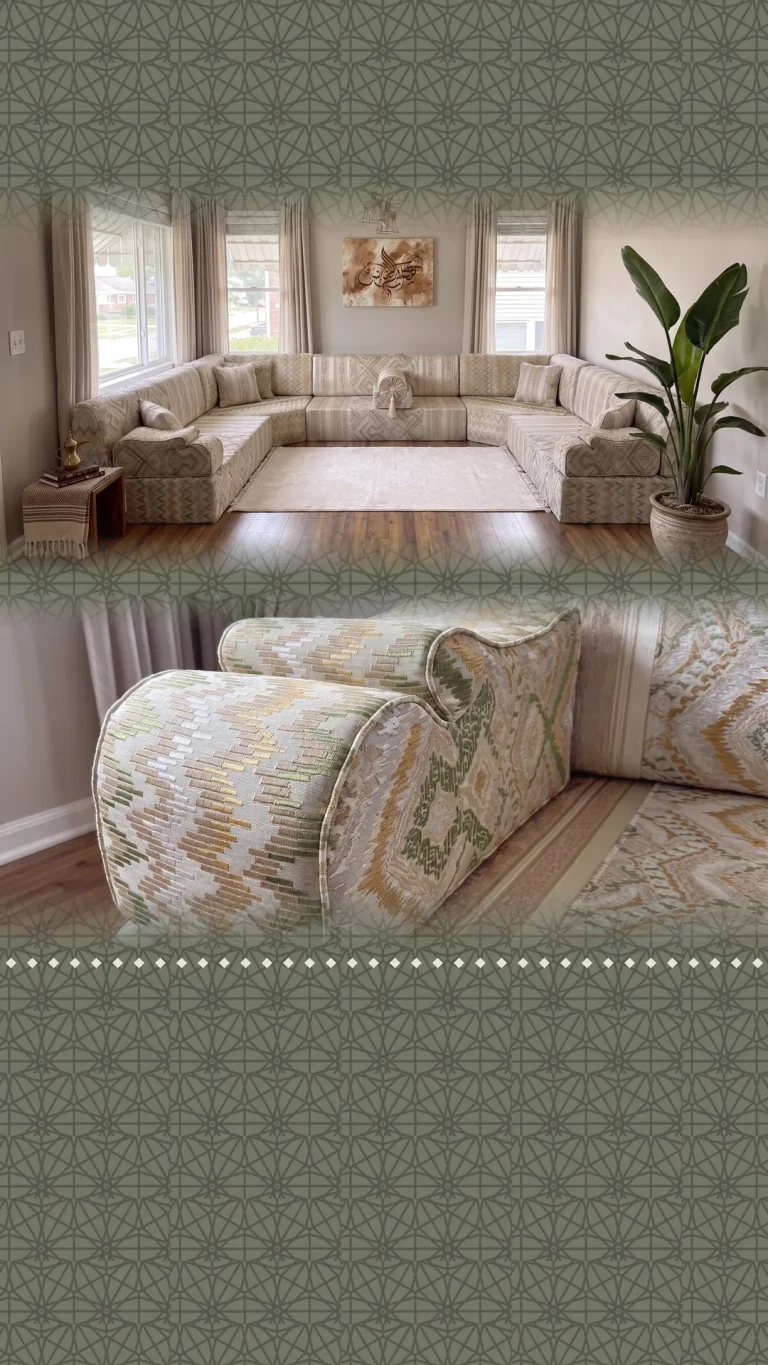Sage and cream zigzag-weave majlis seating in a U shape in a living room, with a close-up of the scrolled armrest