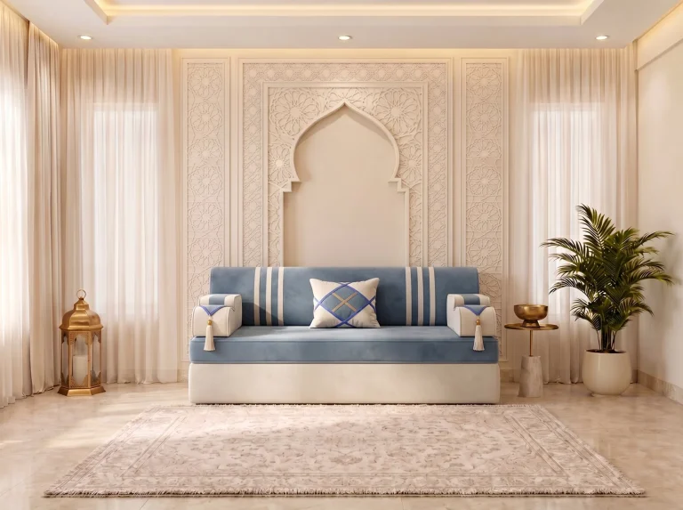 Single sky blue and cream majlis sofa set seat with white stripes and one cushion under a carved arch wall