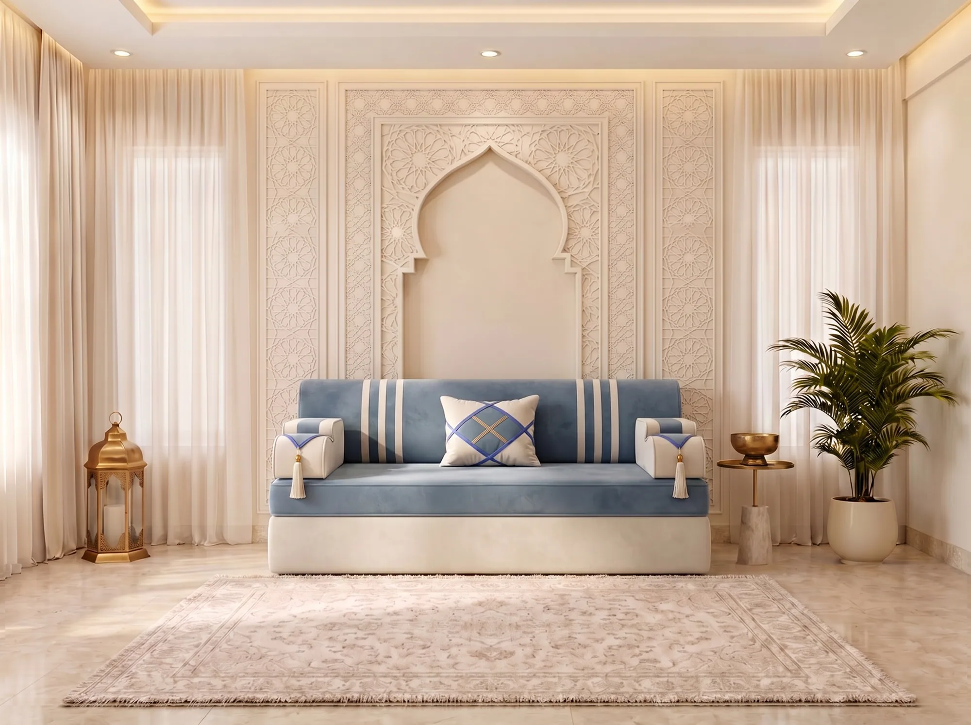 Single sky blue and cream majlis sofa set seat with white stripes and one cushion under a carved arch wall