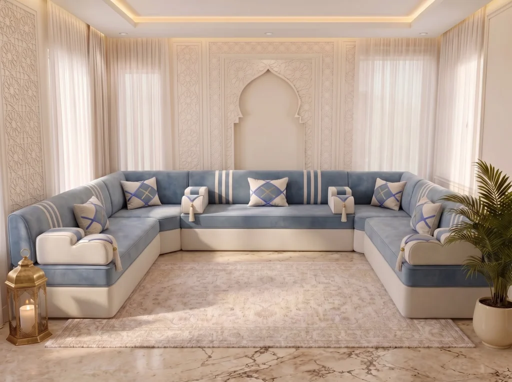 U-shaped sky blue and cream Arabic majlis with five diamond cushions along three walls of a bright room