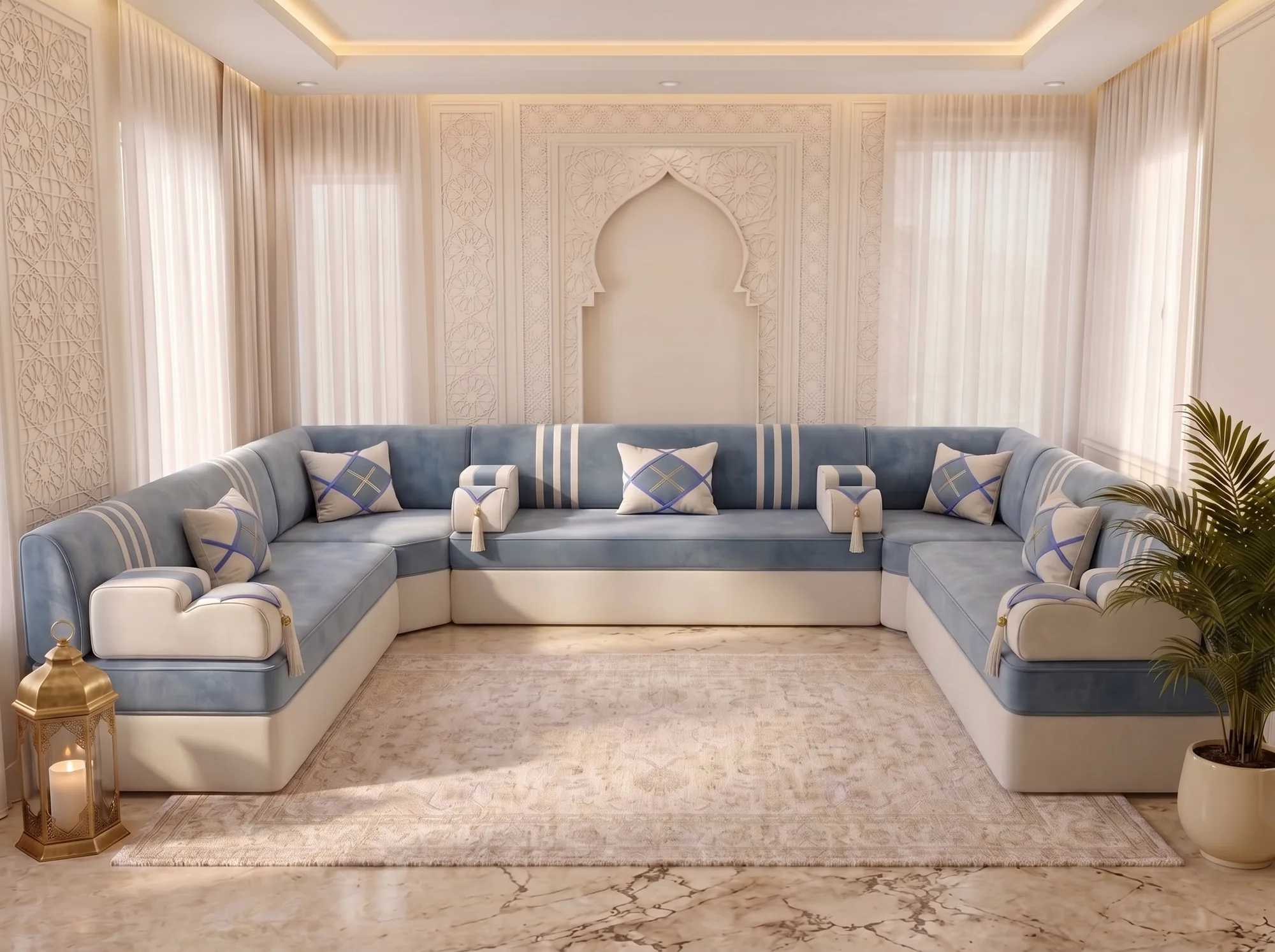 U-shaped sky blue and cream Arabic majlis with five diamond cushions along three walls of a bright room